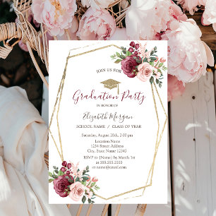 Burgundy Roses,Grad Cap,Graduation Invitation