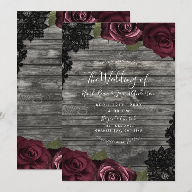Burgundy Roses Grey Wood Black Lace Wedding Invitation (Front/Back)