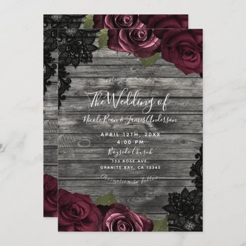 Burgundy Roses Grey Wood Black Lace Wedding Invitation