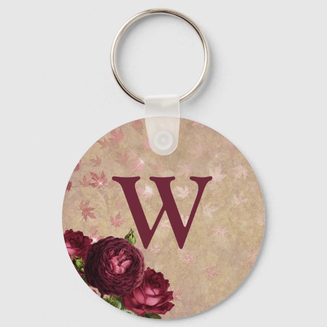 Burgundy Roses Initial Monogram  Keychain (Front)