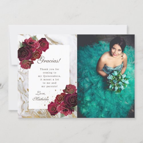 Burgundy Roses Marble Quinceanera Thank You Card