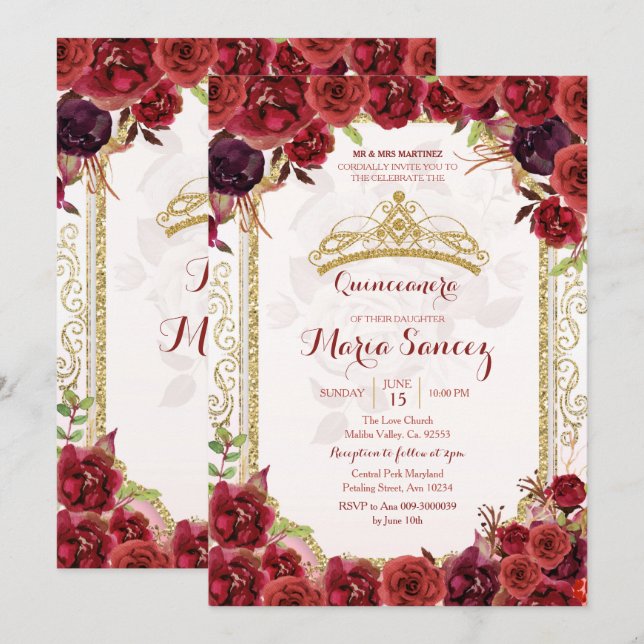 Burgundy Roses Mexican Charra 15 Anos Invitation (Front/Back)