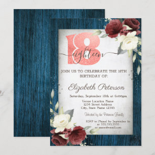 Burgundy Roses Navy Blue Wood 18th Birthday  Invitation