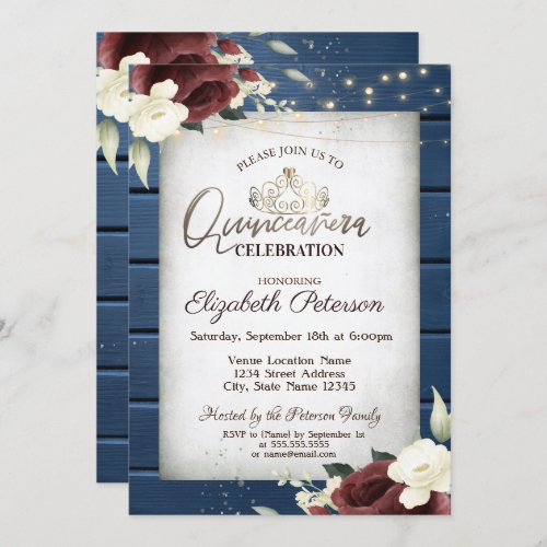 Burgundy RosesNavy Blue Wood Quinceaera  Invitation