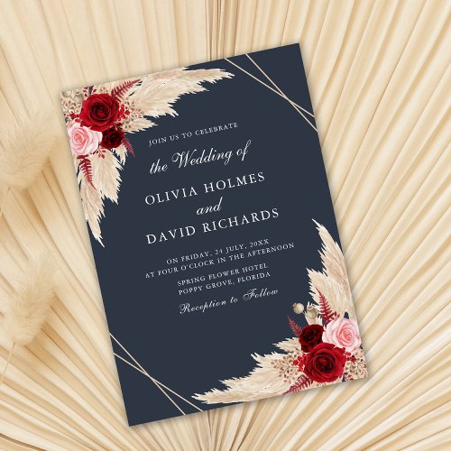 Burgundy Roses on Midnight Blue Wedding Invitation