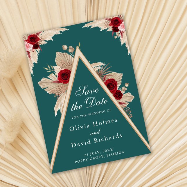 Burgundy Roses on Teal Save the Date Card (Burgundy Roses on Teal Save the Date Card on dry palm leaf )