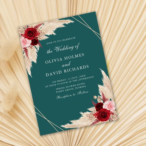 Burgundy Roses on Teal Wedding Invitation