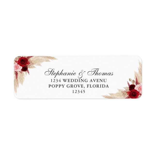 Burgundy Roses & Pampas Grass Return Address Label (Front)