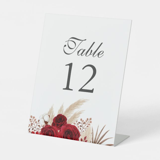 Burgundy Roses & Pampas Grass Table Number Pedestal Sign (Front)