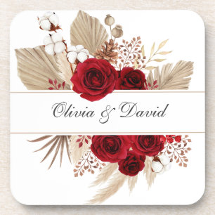 Burgundy Roses & Pampas Grass Wedding Coaster