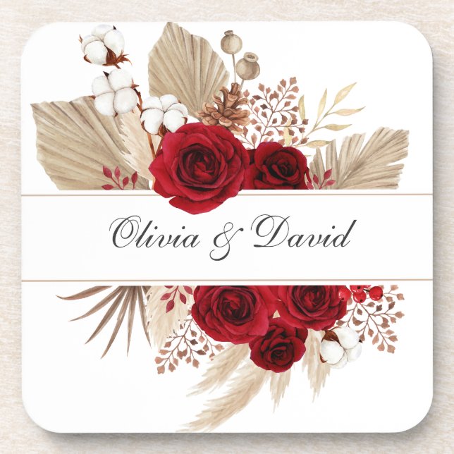 Burgundy Roses & Pampas Grass Wedding Coaster (Front)