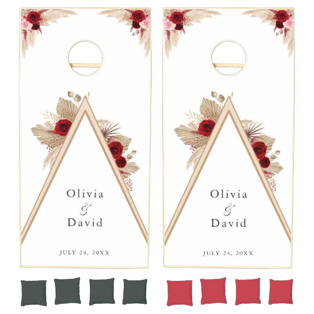Burgundy Roses & Pampas Grass Wedding Cornhole Set (Set)