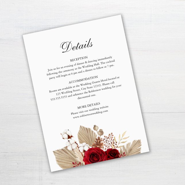 Burgundy Roses & Pampas Grass Wedding Details Card (Burgundy Roses and Palm Leaves Wedding Details Card Template on gray table)