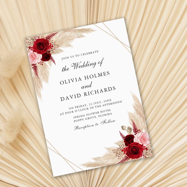 Burgundy Roses & Pampas Grass Wedding Invitation (Creator Uploaded)