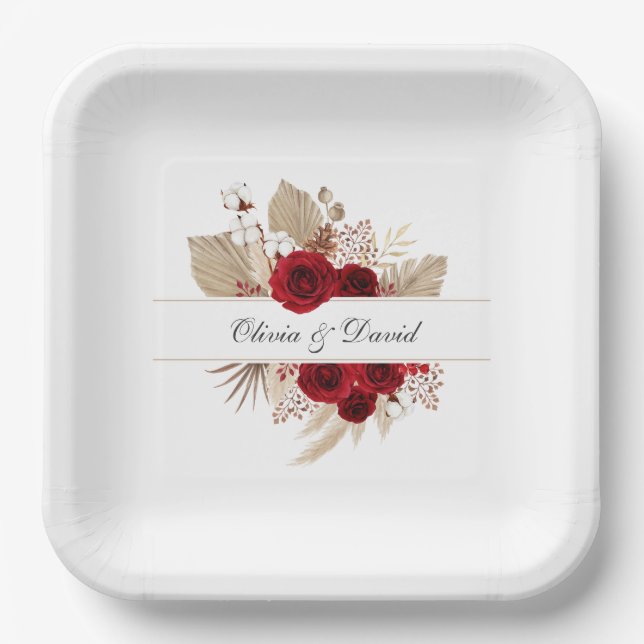 Burgundy Roses & Pampas Grass Wedding Paper Plate (Front)