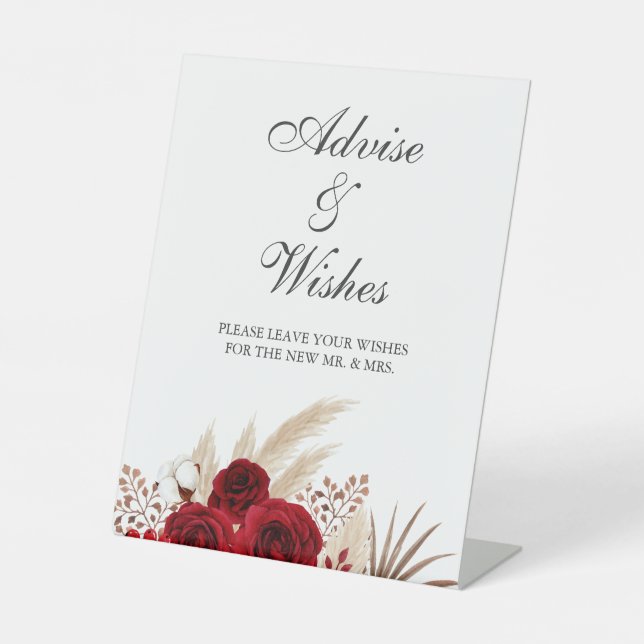Burgundy Roses & Pampas Grass Wedding  Pedestal Sign (Front)