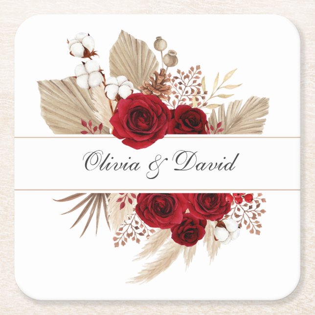 Burgundy Roses & Pampas Grass Wedding Square Paper Coaster (Front)