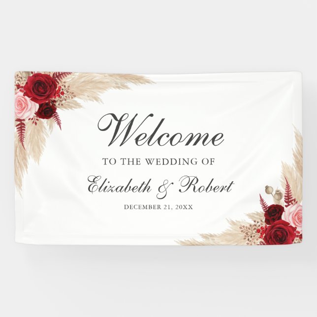 Burgundy Roses & Pampas Grass Wedding Welcome Banner (Horizontal)