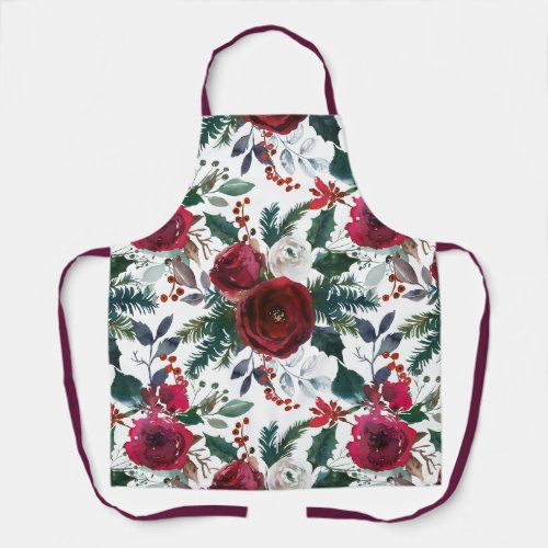 Burgundy Roses Pine Holly Christmas Floral Apron