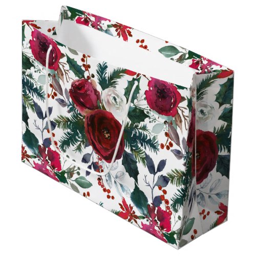 Burgundy Roses Pine Holly Christmas Floral Large Gift Bag