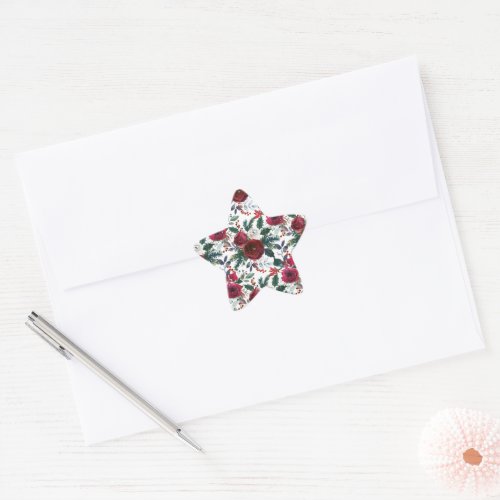 Burgundy Roses Pine Holly Christmas Floral Star Sticker