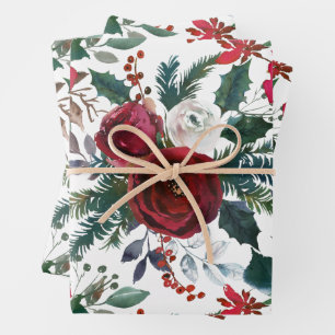 Burgundy Roses, Pine, Holly Christmas Floral Wrapping Paper Sheets