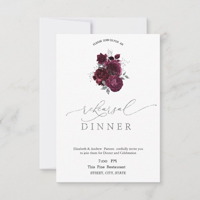  Burgundy Roses Rehearsal Dinner   Invitation (Front)