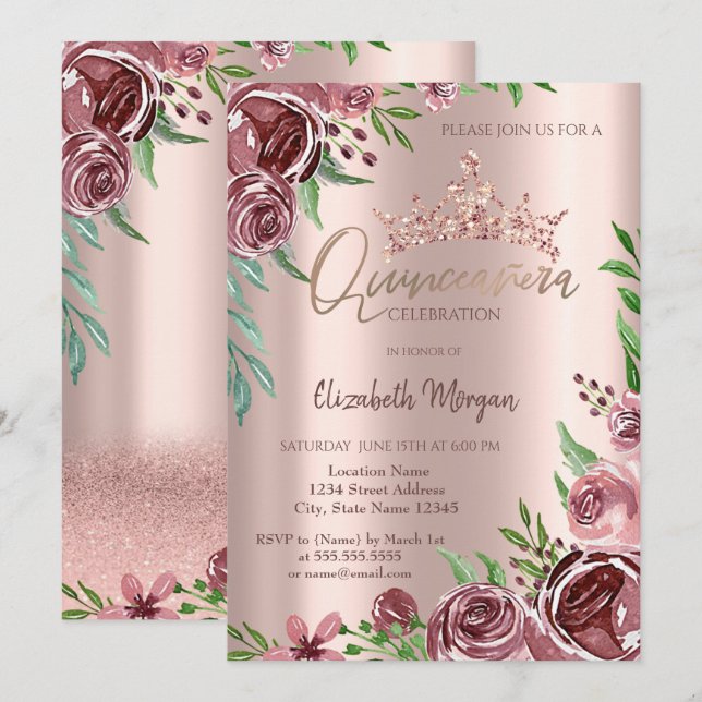 Burgundy Roses,Rose Gold Crown Quinceañera  Invitation (Front/Back)