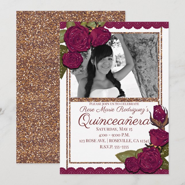 Burgundy Roses Rose Gold Glitter Quinceañera Party Invitation (Front/Back)