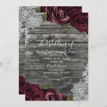 Burgundy Roses Rustic Grey Wood Lace Wedding  Invitation by printabledigidesigns at Zazzle