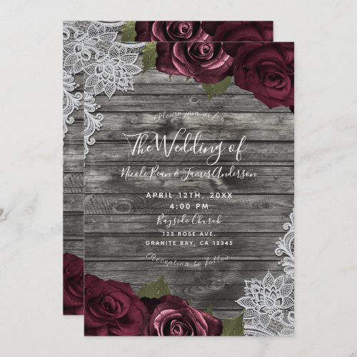 Burgundy Roses Rustic Grey Wood Lace Wedding  Invitation