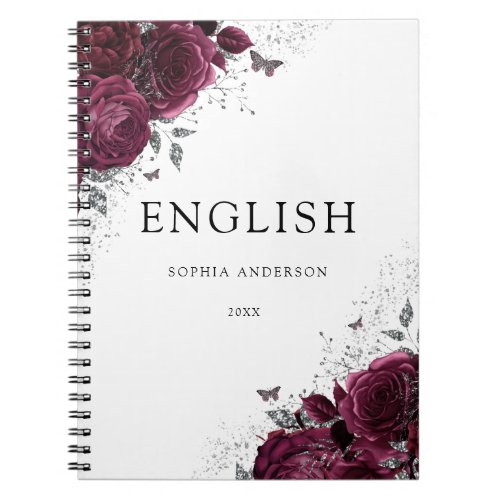 Burgundy Roses Silver School College Subject Notebook