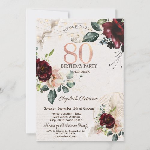 Burgundy Roses String Lights 80th Birthday Invitation