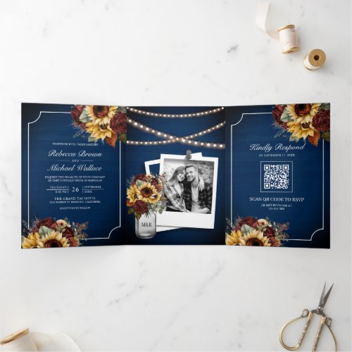 Burgundy Roses Sunflower Navy Blue QR Code Wedding Tri_Fold Invitation