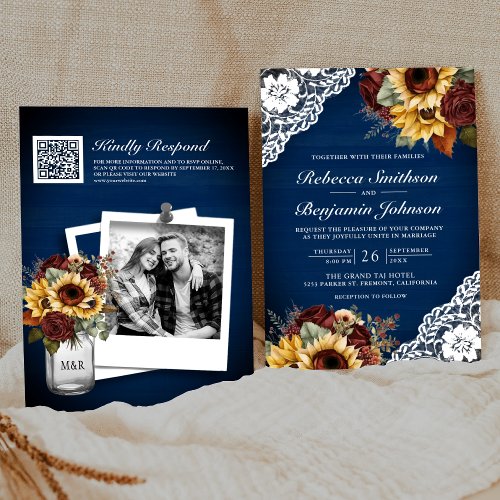 Burgundy Roses Sunflower Navy Lace QR Code Wedding Invitation