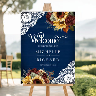 Burgundy Roses Sunflower Navy Wedding Welcome Sign