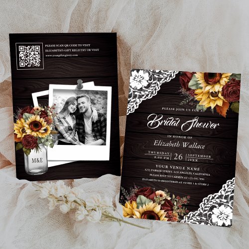 Burgundy Roses Sunflower QR Code Bridal Shower Invitation