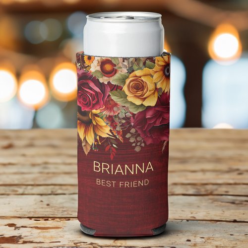 Burgundy roses sunflowers bridal party gifts seltzer can cooler