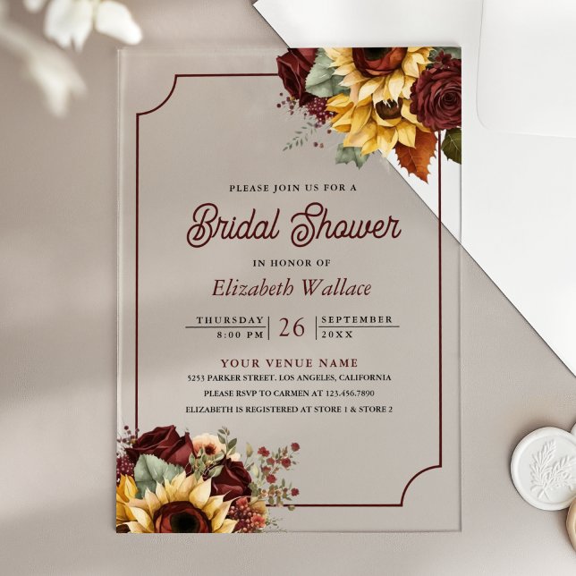 Burgundy Roses Sunflowers Bridal Shower Acrylic Invitations (Creator Uploaded)