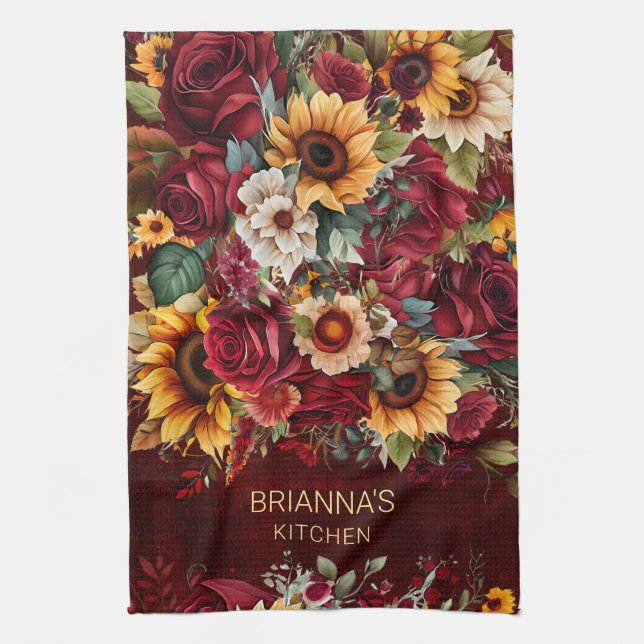 Burgundy roses sunflowers fall themed gifts kitchen towel (Vertical)