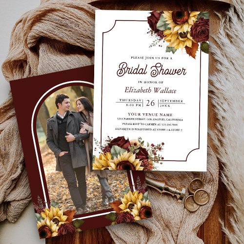 Burgundy Roses Sunflowers Photo Bridal Shower Invitation