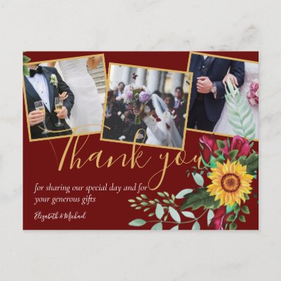 Burgundy Roses Sunflowers PHOTO Thank You Postcard