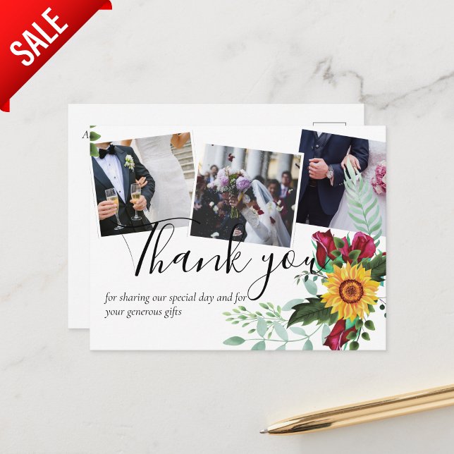 Burgundy Roses Sunflowers PHOTO Thank You Postcard (Creator Uploaded)