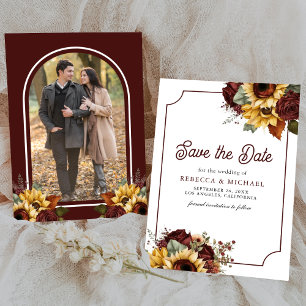 Burgundy Roses Sunflowers Photo Wedding Save The Date