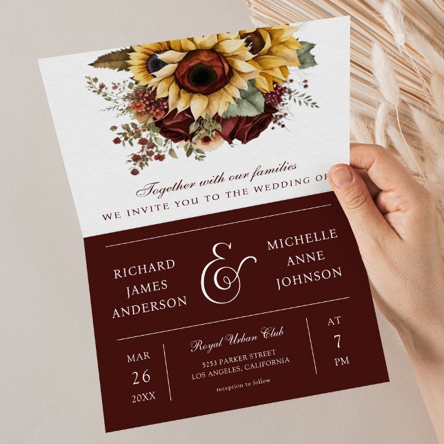 Burgundy Roses Sunflowers QR Code Wedding Invitation (Creator Uploaded)