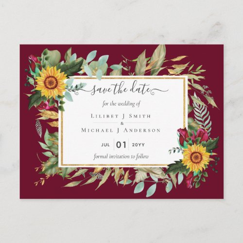 Burgundy Roses Sunflowers Save Change The Date Postcard
