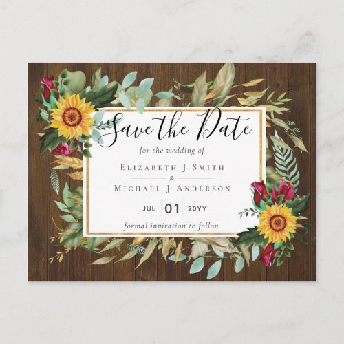 Burgundy Roses Sunflowers Save Change The Date Postcard