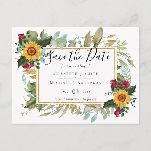 Burgundy Roses Sunflowers Save Change The Date Postcard