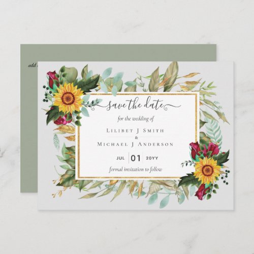 Burgundy Roses Sunflowers Save Change The Date Postcard