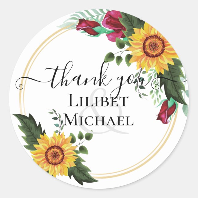 Burgundy Roses Sunflowers Thank You Favor Gift Classic Round Sticker (Front)